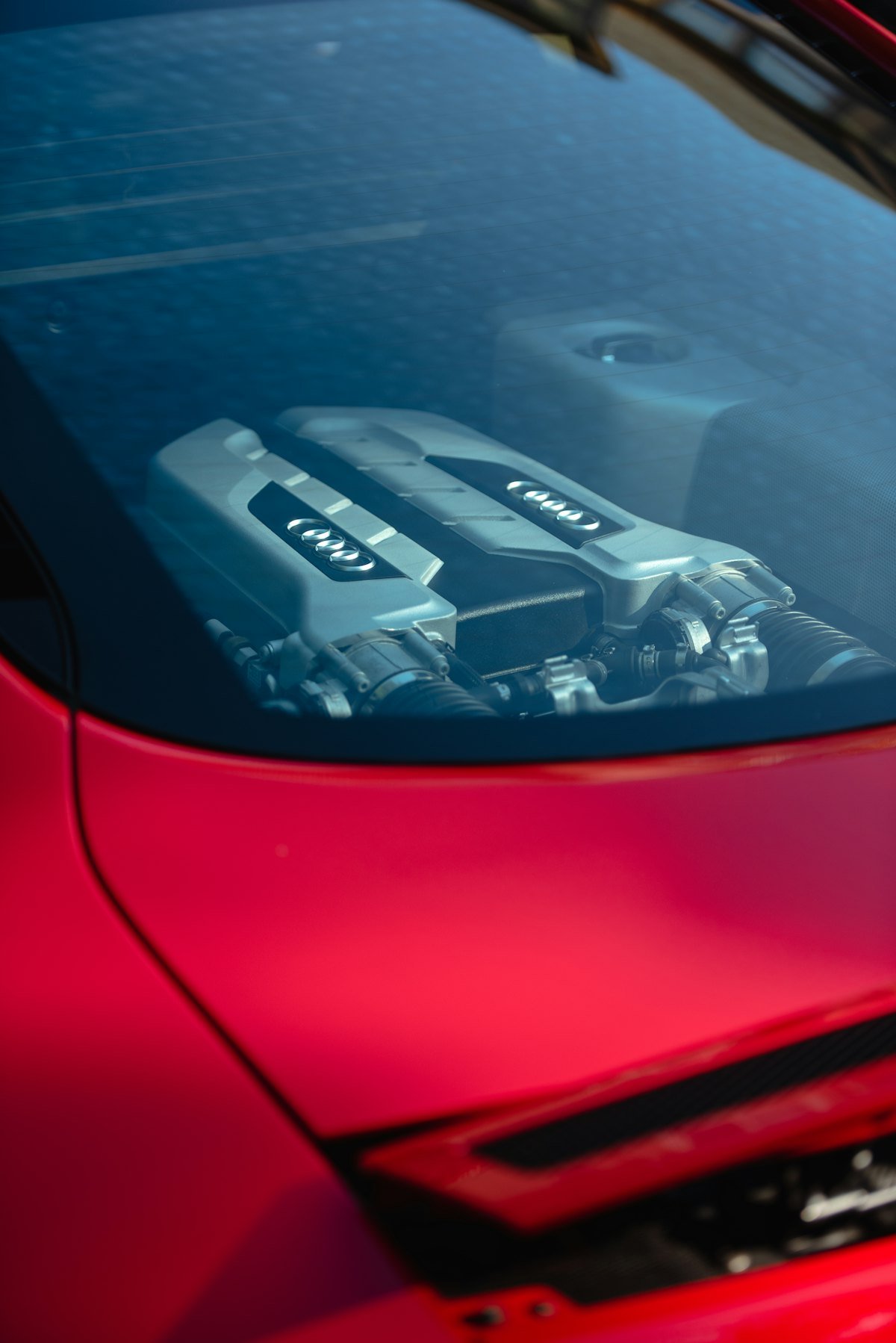 V8 engine bay of a European performance car, cam covers and intake visible.